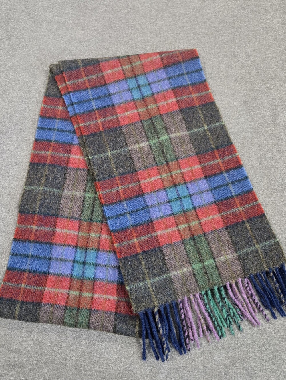Blarney Woollen Mills Blue Red Green Plaid Scarf Fringed Made In Ireland Wool